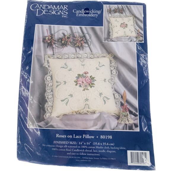 Vintage Candlewicking Embroidery Pillow Kit Candamar Designs Roses On Lace 80198 - Picture 1 of 7